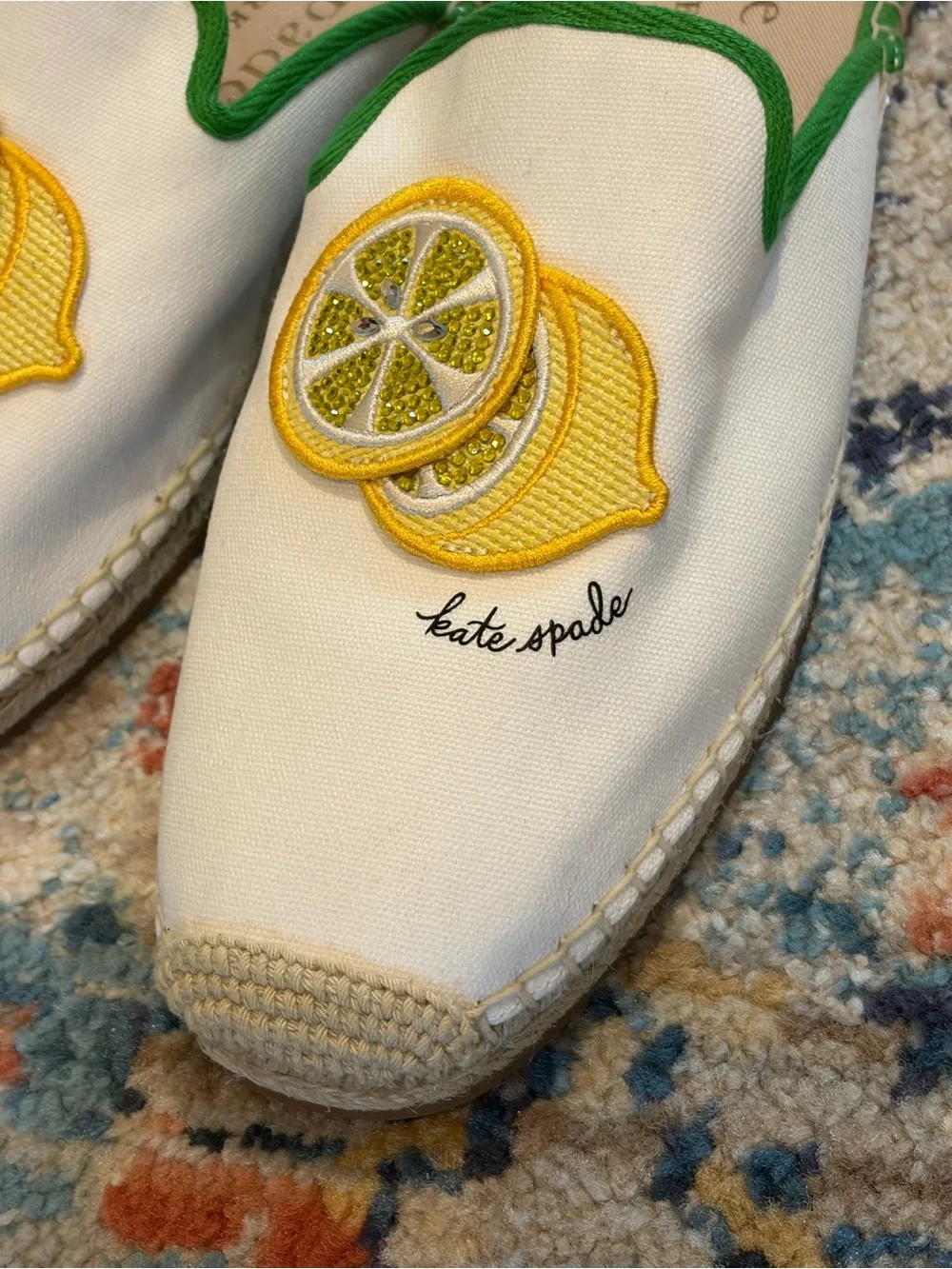 New Kate Spade NY Azura Lemons Canvas Slip-On Espadrille Mules Lemon sparkle 9
